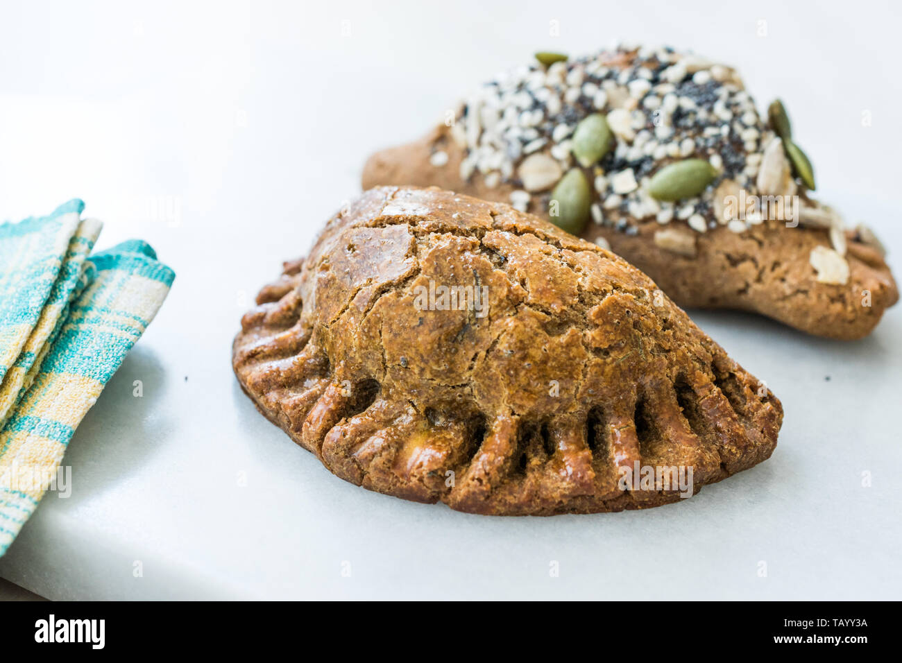 Homemade Salty Turkish Style Pastries with Cottage Cheese and Pumpkin Seeds / Salted Pogaca. Organic Traditional Food. Stock Photo