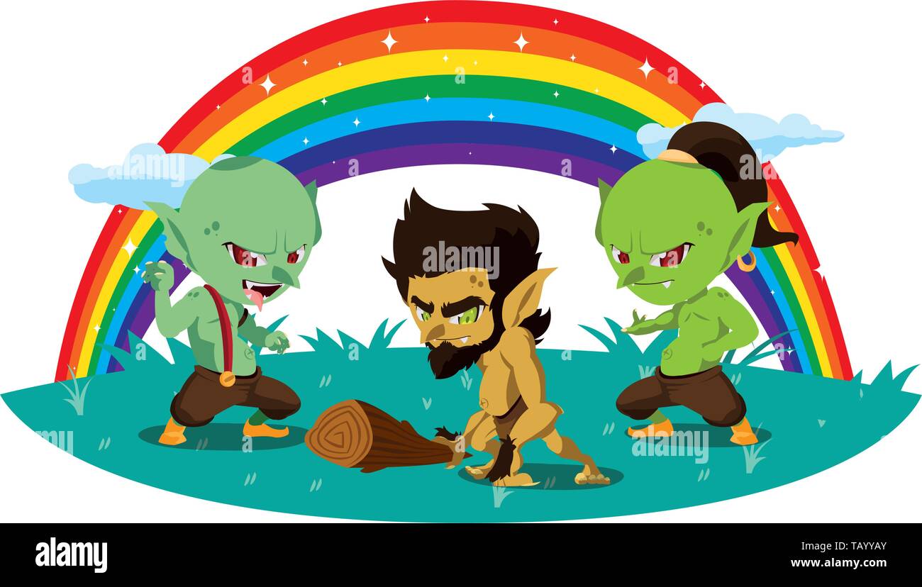 ugly trolls with caveman gnome and rainbow scene vector illustration ...