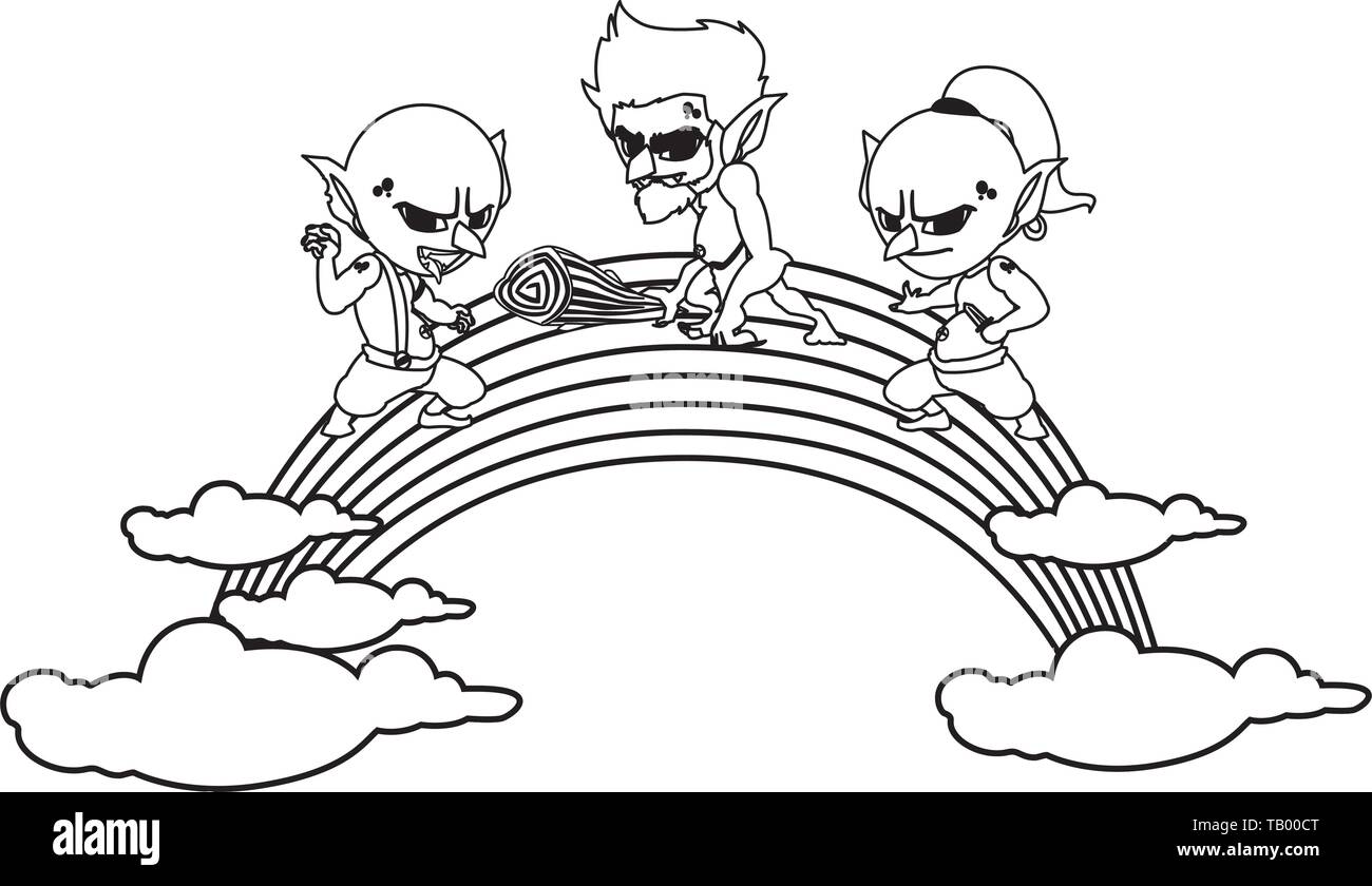 ugly trolls with caveman gnome and rainbow scene vector 