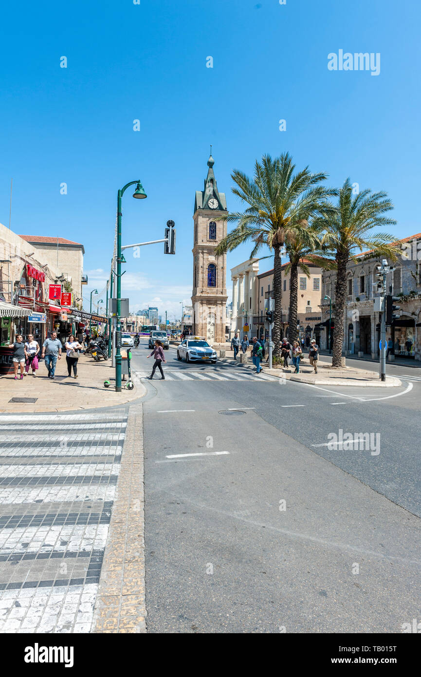Israel, Tel Aviv-Yafo - 19 April 2019: Shuk hapishpeshim flea market - Jaffa clock tower Stock Photo