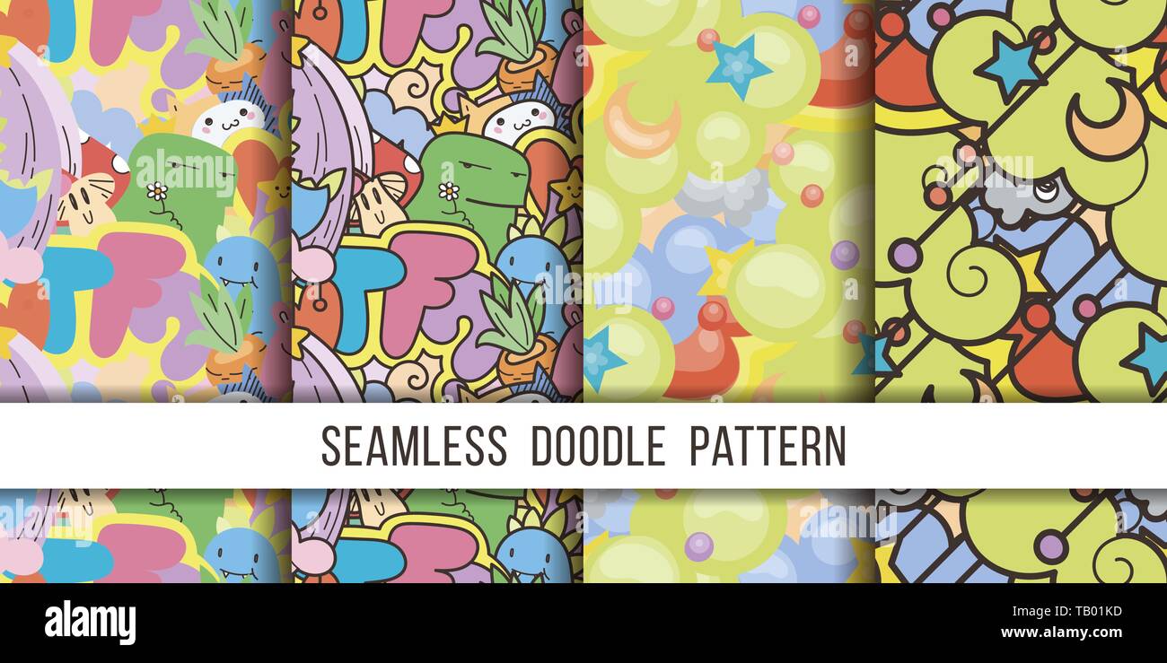 Collection of seamless vector patterns with cute cartoon monsters and ...