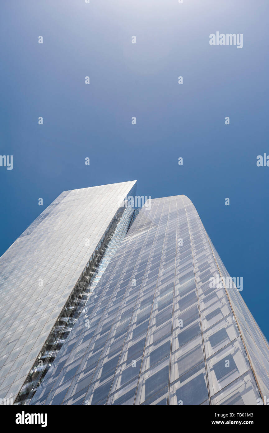 Israel, Tel Aviv-Yafo - 04 May 2019: Detail of the facade of the Azrieli Sarona office skyscraper designed by Moshe Tzur Stock Photo