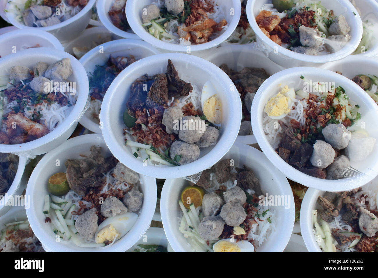 Famous indonesian street food  dish called Bakso at bazaar. Stock Photo
