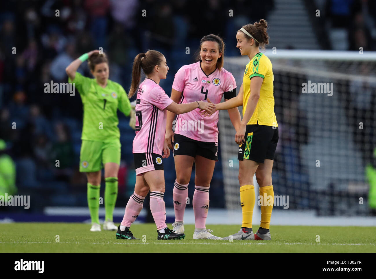 Scotland's Christie Murray and Rachel Corsie (centre) at full time after the international friendly match at Hampden Park, Glasgow. Stock Photo