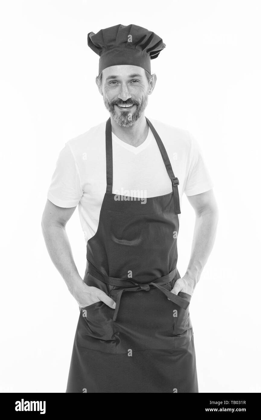 He Is A Fine Hand At Cooking Senior Cook With Beard And Moustache Wearing Bib Apron Mature 