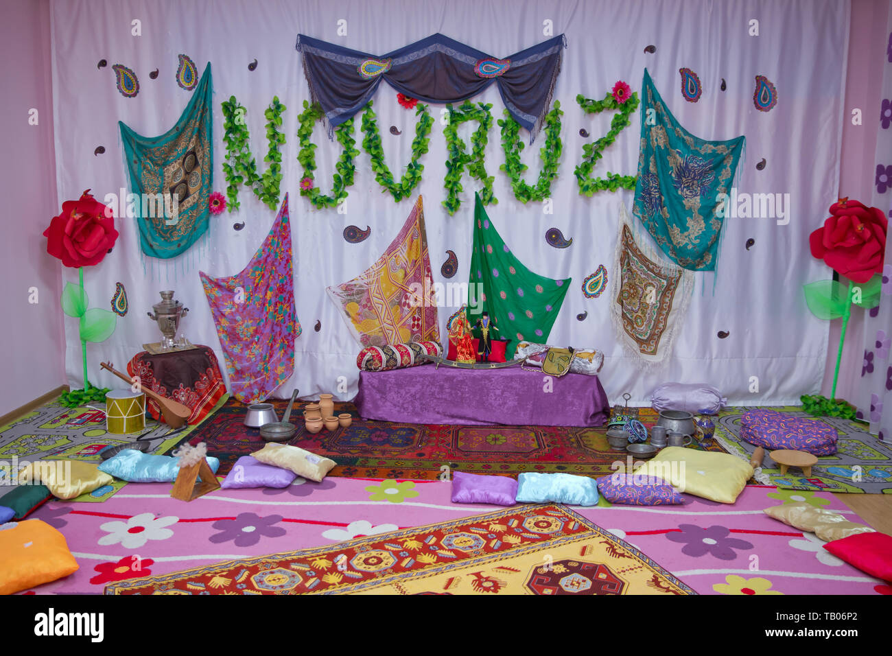 Background for the Novruz holiday in the kindergarden. Postcards. Mattresses . prepared for photosession Stock Photo