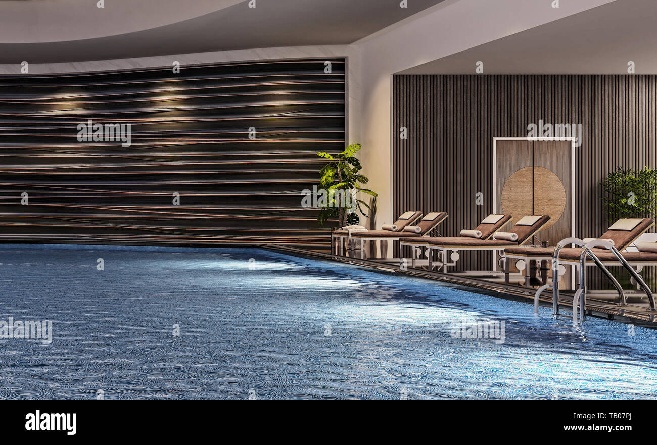 Modern interior design of indoor swimming pool with pool beds, night scene, hotel resort, spa, high contrast, dark, 3d illustration, 3d rendering Stock Photo