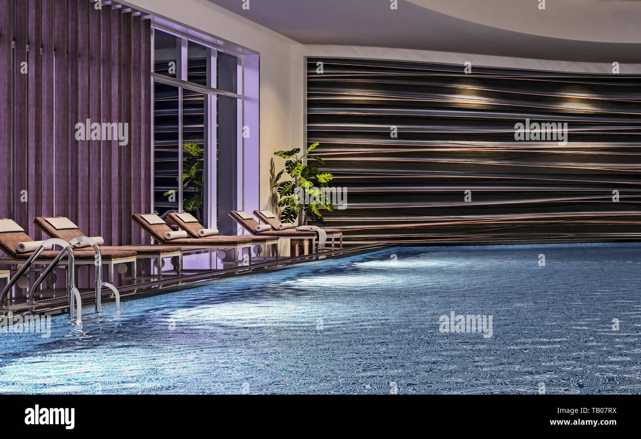 Modern interior design of indoor swimming pool with pool beds, night scene, hotel resort, spa, high contrast, dark, 3d illustration, 3d rendering Stock Photo