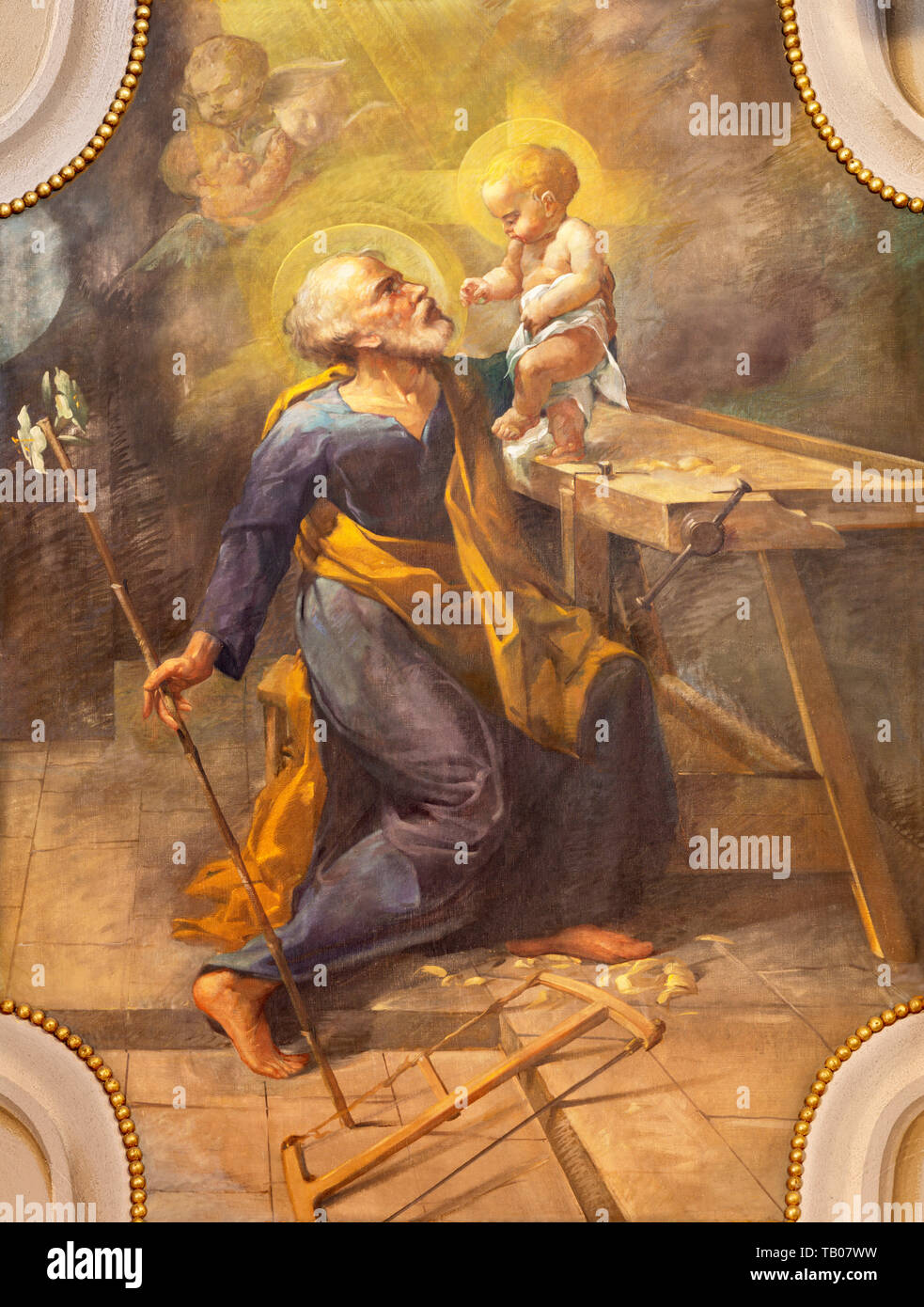 COMO, ITALY - MAY 9, 2015: The fresco of St. Joseph in church Chiesa di San Andrea Apostolo (Brunate) of by T. Conconi (1936). Stock Photo