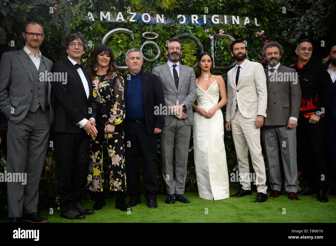 (from second left to right) Writer Neil Gaiman, Josie Lawrence, Director Douglas Mackinnion, Jon Hamm, Adria Arjona, David Tennant, Michael Sheen and Producer Rob Wilkins attending the premiere of Good Omens at the Odeon Luxe Leicester Square, central London. Stock Photo