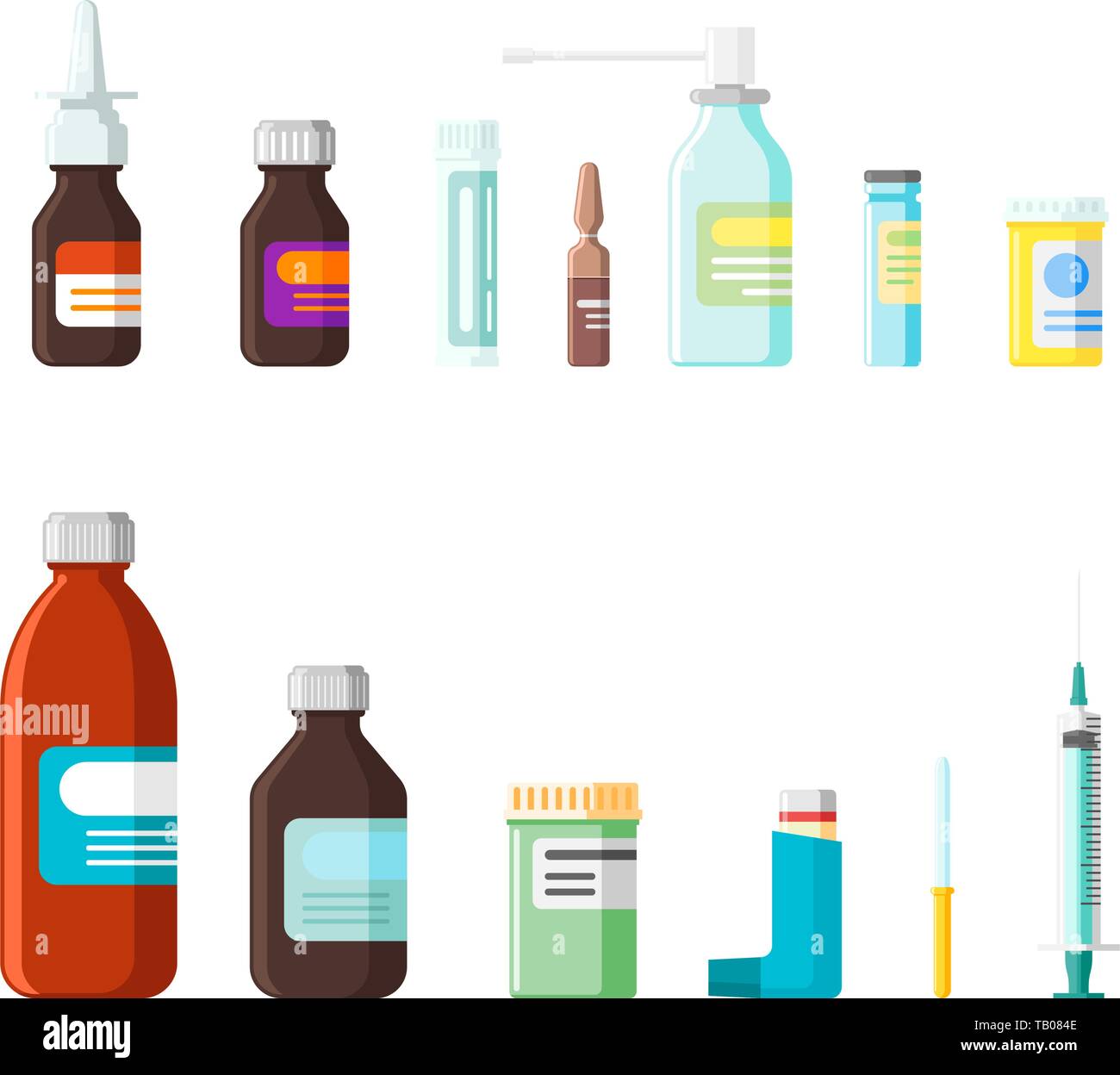 Pharmacy medication products set. Medicine packaging bottles with