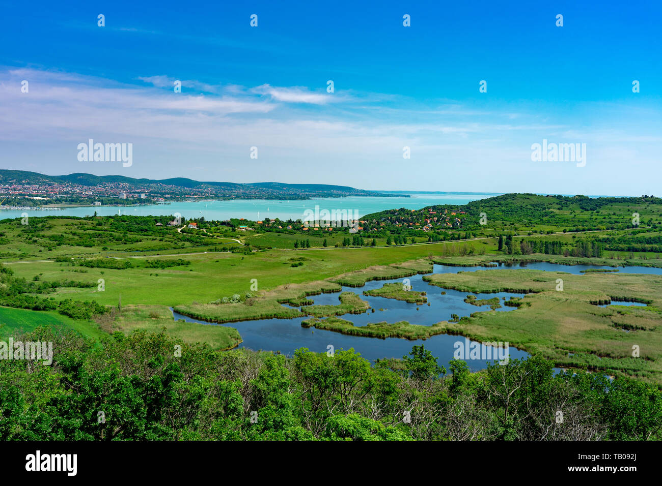 Arial panoramic view of Balaton in Tihany with the inside lake from the rtorony look out observation tower Stock Photo