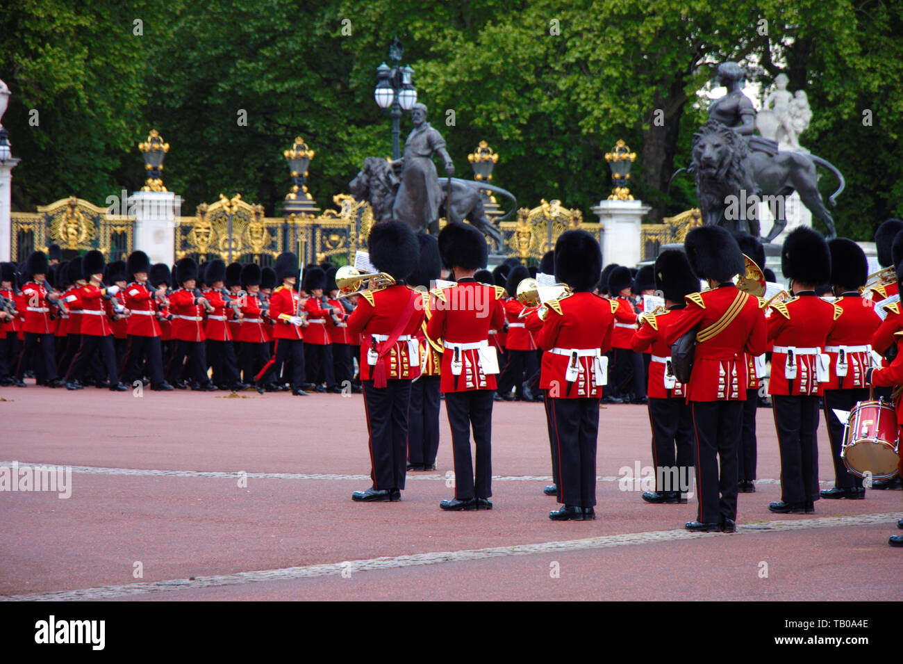 The British Queen's birthday celebration is on 8th June. Two weeks in advance a rehearsal takes place. Royal palace guard's band in front of the Bucki Stock Photo