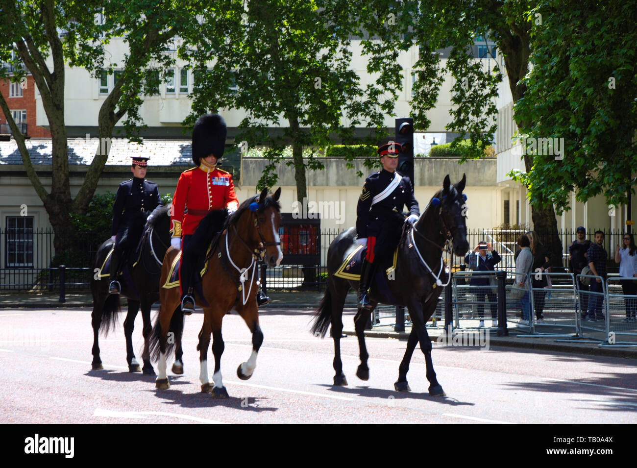 Horsemen and palace guard in front of the Buckingham palace. Queen's birthday celebration rehearsal 2019. London, UK. Stock Photo