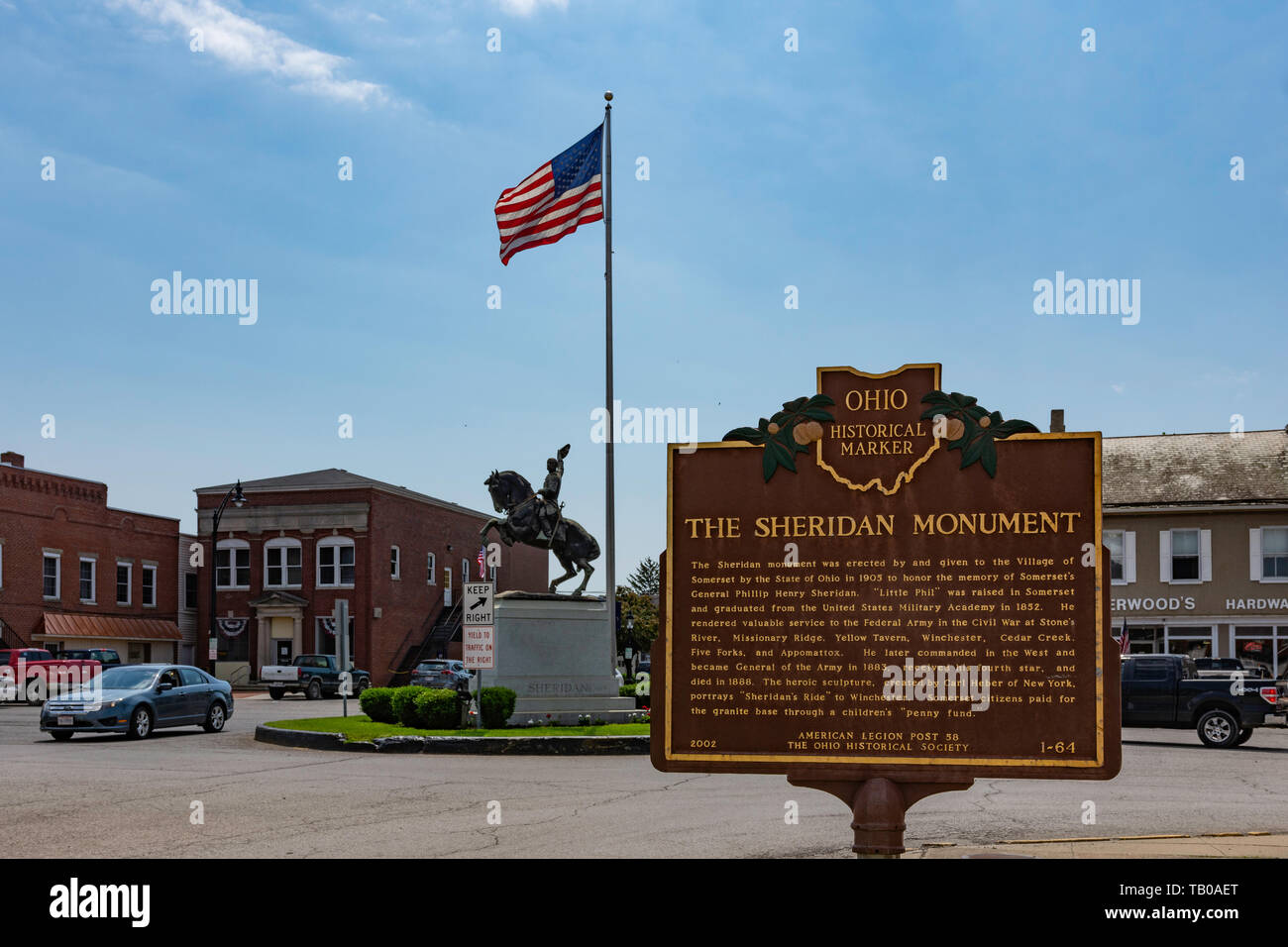 Somerset, Ohio/USA-May 18, 2019: Historical marker for the Sheridan Monument in the town traffic circle in downtown Somerset. General Sheridan was a n Stock Photo