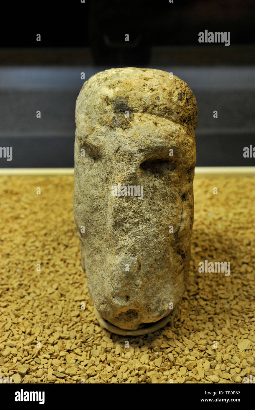 Ancient stone carving artifact from archaeological site at Gobekli Tepe on display at museum in Sanliurfa, Turkey Stock Photo