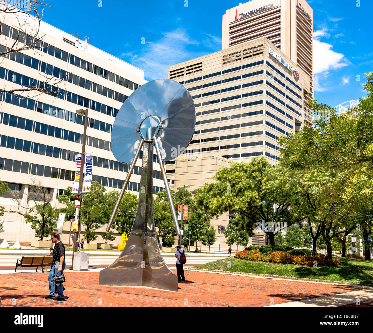 Baltimore, Maryland, USA - July 8, 2017: Metal sculpture in front of the Baltimore Convention Center on Pratt Street. Stock Photo