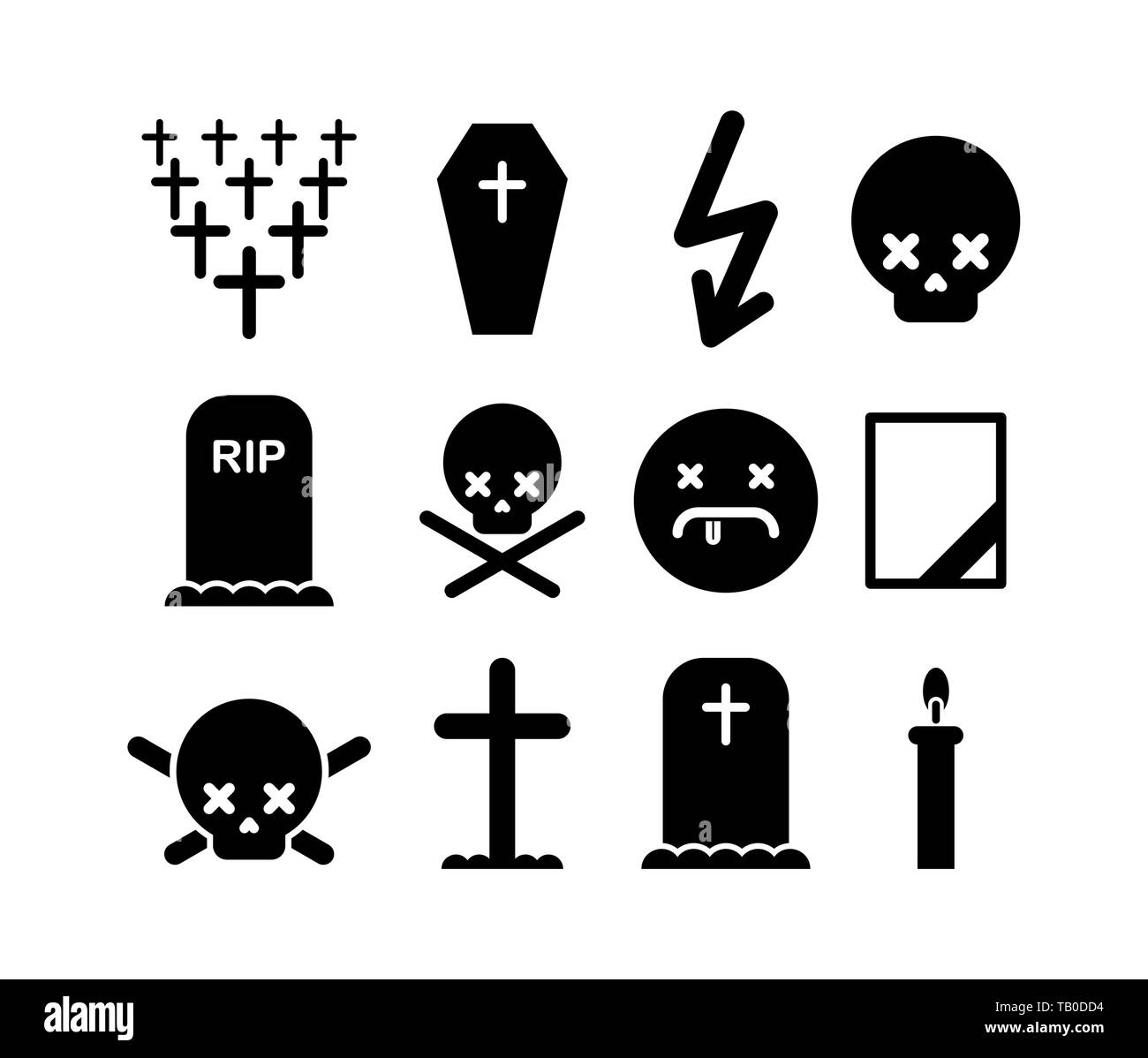 Death icon set. Tombstone and cross symbol. Cemetery and skull. Candle and mourning frame Stock Vector
