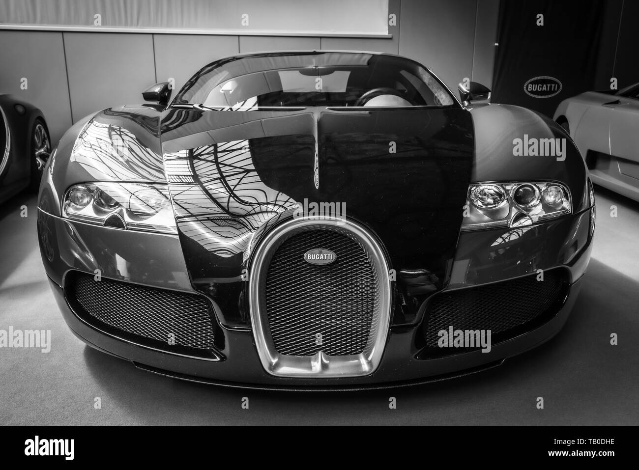 BERLIN - MAY 11, 2019: A sports car Bugatti Veyron EB 16.4. Black and white. 32th Berlin-Brandenburg Oldtimer Day. Stock Photo