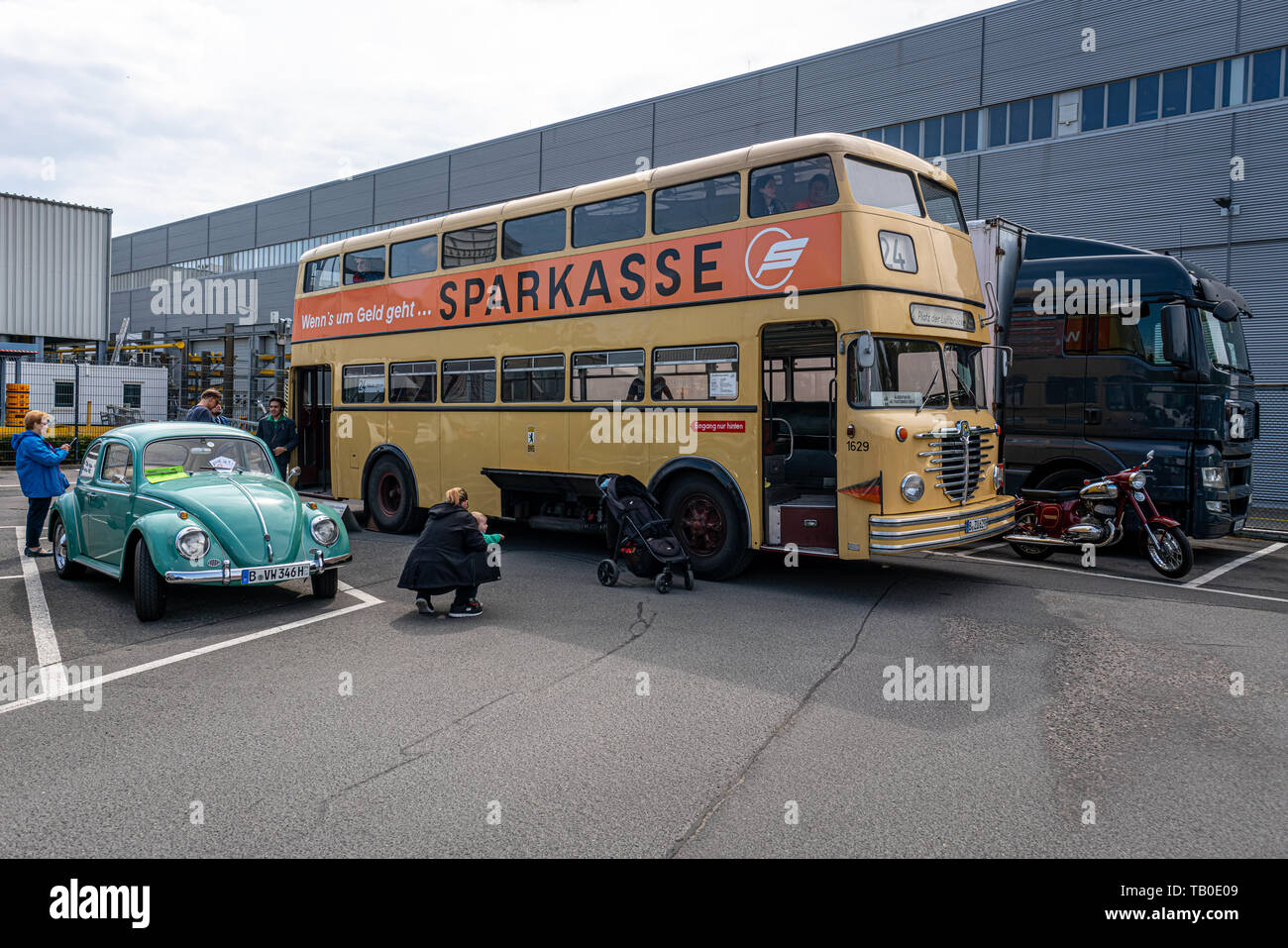 BERLIN - MAY 11, 2019: Double-decker bus Buessing D2U 64, 1965. 32th Berlin-Brandenburg Oldtimer Day. Stock Photo