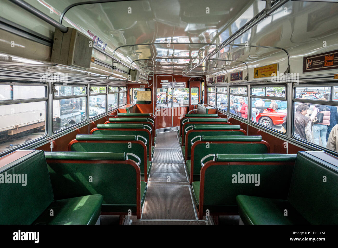 BERLIN - MAY 11, 2019: Interior first deck of the double-decker bus Buessing D2U 64, 1965. 32th Berlin-Brandenburg Oldtimer Day. Stock Photo