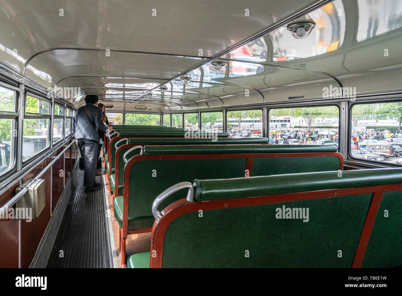 BERLIN - MAY 11, 2019: Interior of second deck of the double-decker bus Buessing D2U 64, 1965. 32th Berlin-Brandenburg Oldtimer Day. Stock Photo