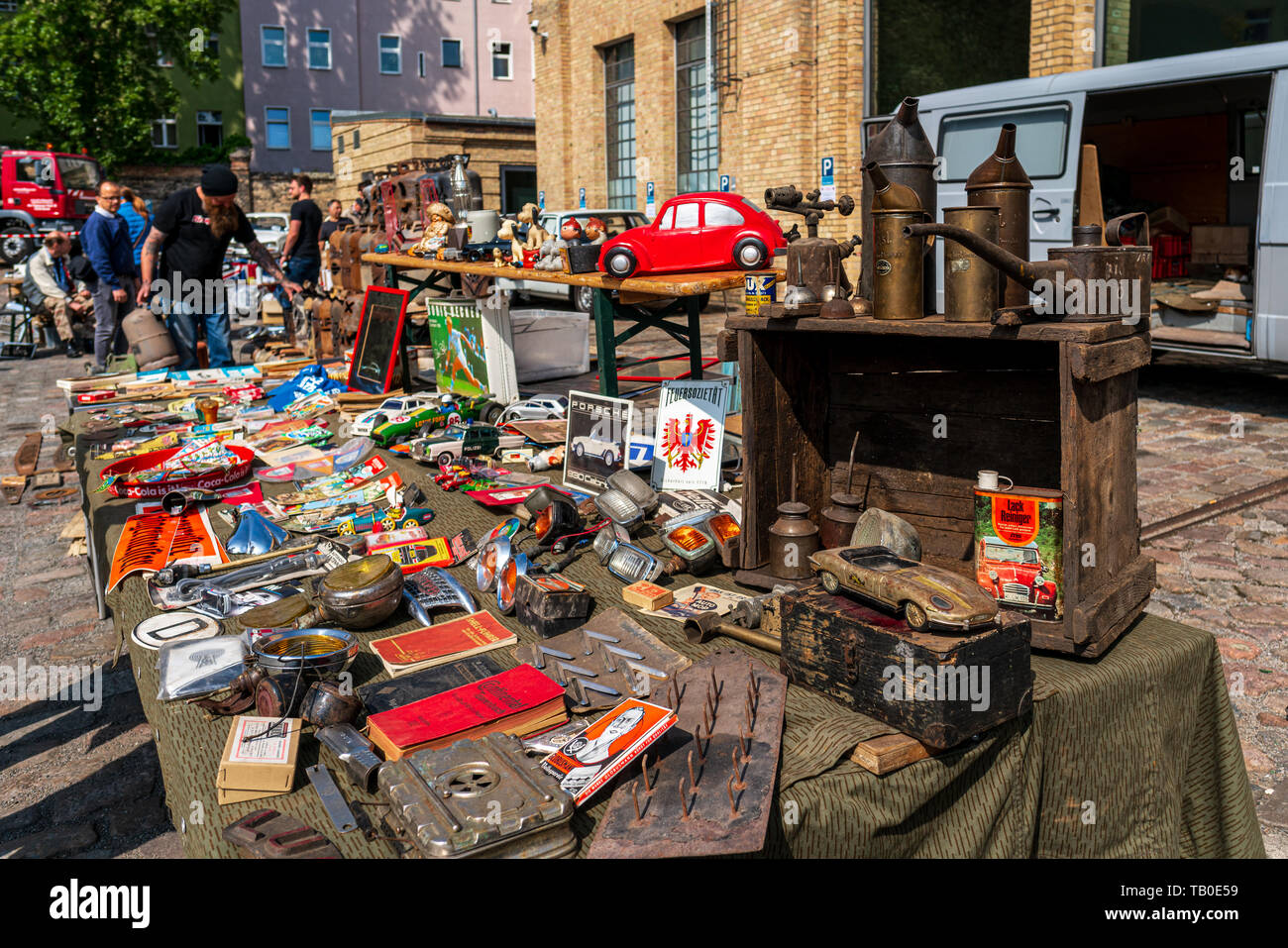 BERLIN - MAY 11, 2019: Flea market for the sale of spare parts for vintage cars. 32th Berlin-Brandenburg Oldtimer Day. Stock Photo