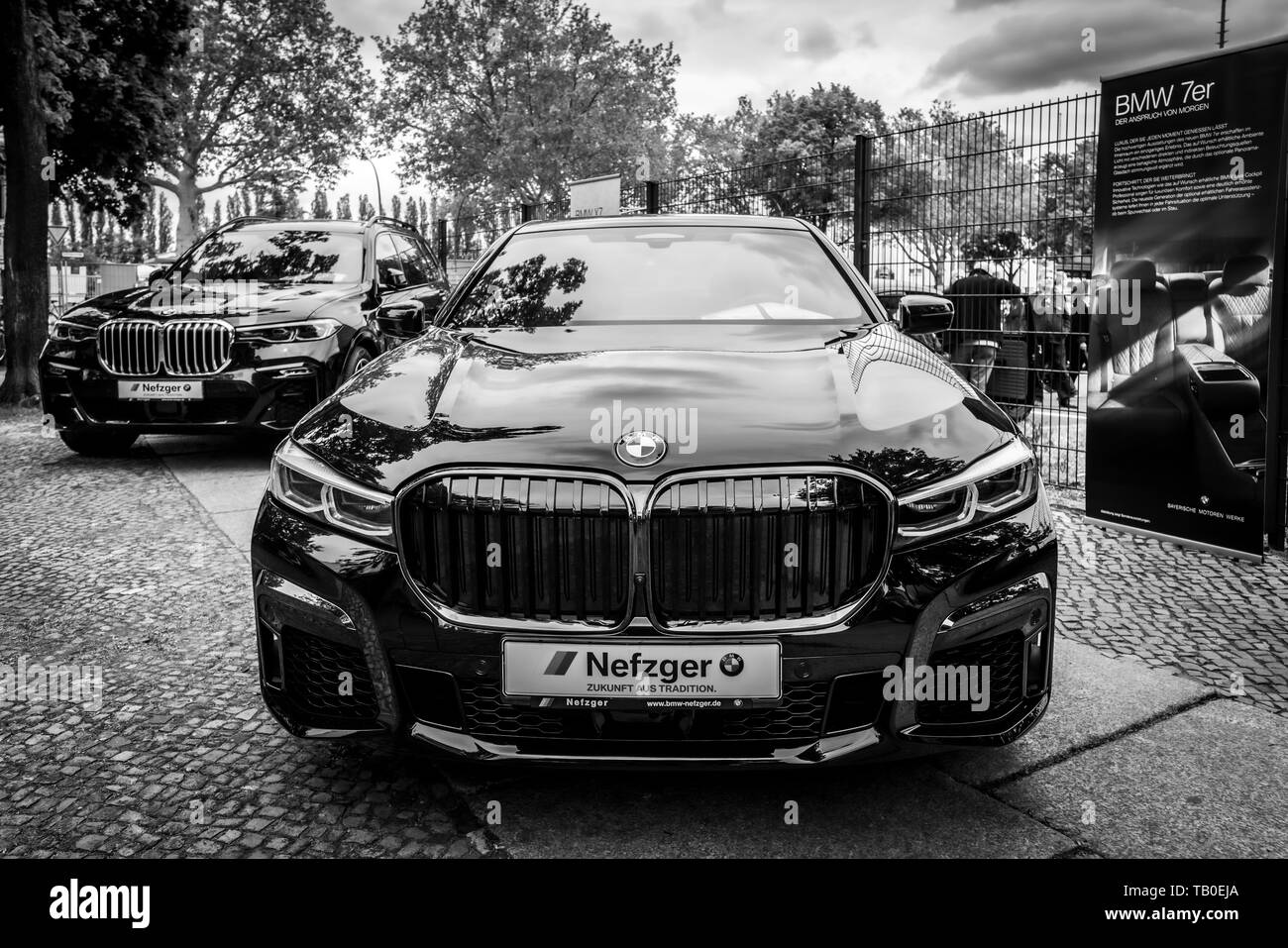 BERLIN - MAY 11, 2019: Full-size luxury car BMW 750i xDrive Limousine. Black and white. 32th Berlin-Brandenburg Oldtimer Day. Stock Photo