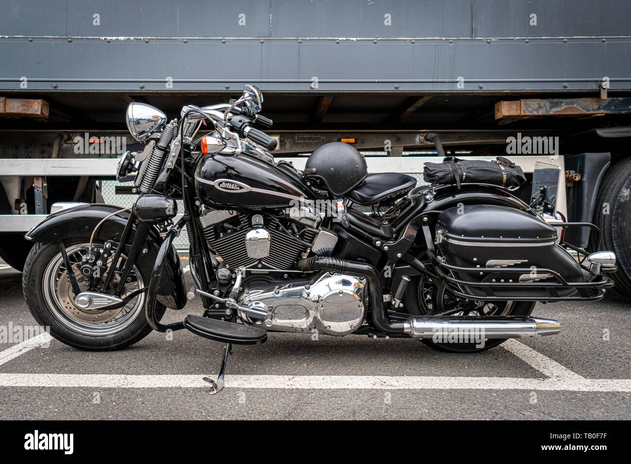 BERLIN - MAY 11, 2019: Motorcycle Harley-Davidson Softail Heritage Classic. 32th Berlin-Brandenburg Oldtimer Day. Stock Photo