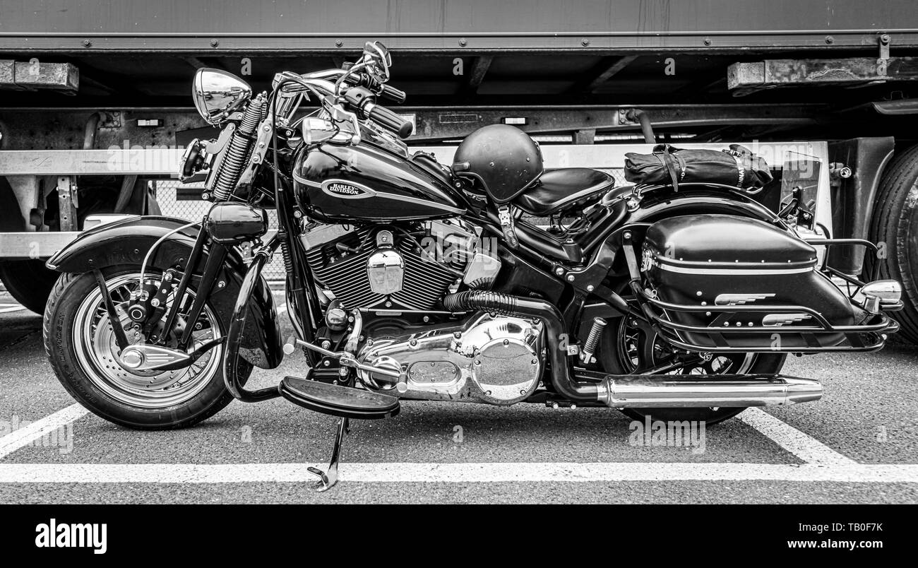 BERLIN - MAY 11, 2019: Motorcycle Harley-Davidson Softail Heritage Classic. Black and white. 32th Berlin-Brandenburg Oldtimer Day. Stock Photo