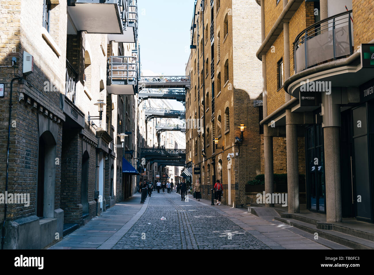 London, UK - May 14, 2019:  View of Butler Wharf. It is an English historic building on the south bank of the River Thames, near Tower Bridge, now hou Stock Photo