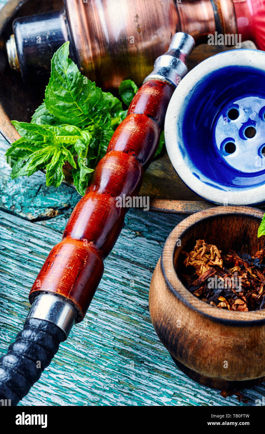 East smoking hookah with mint flavor.Shisha mint tobacco.Shisha hookah