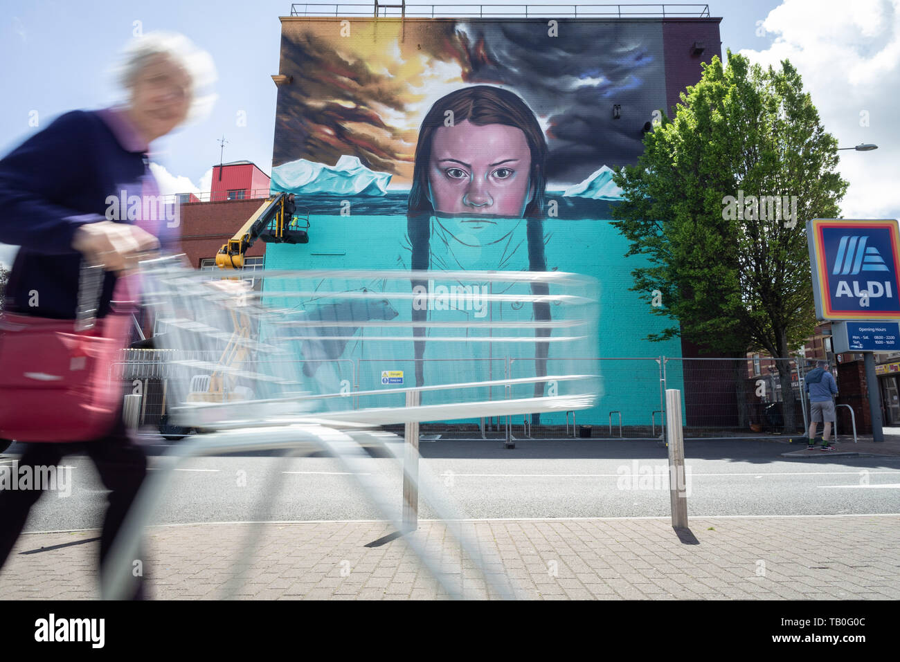 27th May 2019.  work-in-progress street art commission in Bristol depicting Greta Thunberg Stock Photo
