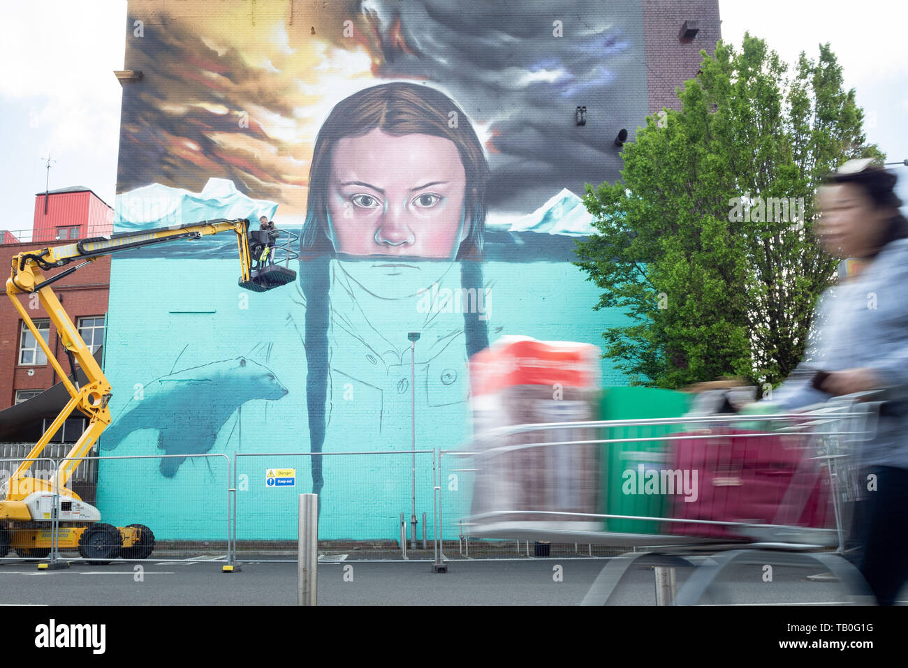 27th May 2019.  work-in-progress street art commission in Bristol depicting Greta Thunberg Stock Photo