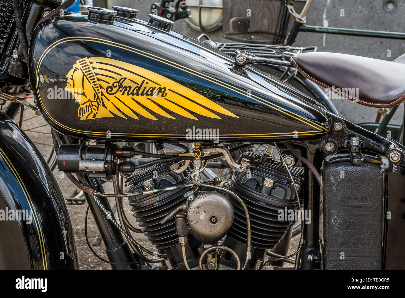 Indian black and gold motorbike with a logo on the tank, MAy 25 2019, Copenhagen, Denmark Stock Photo