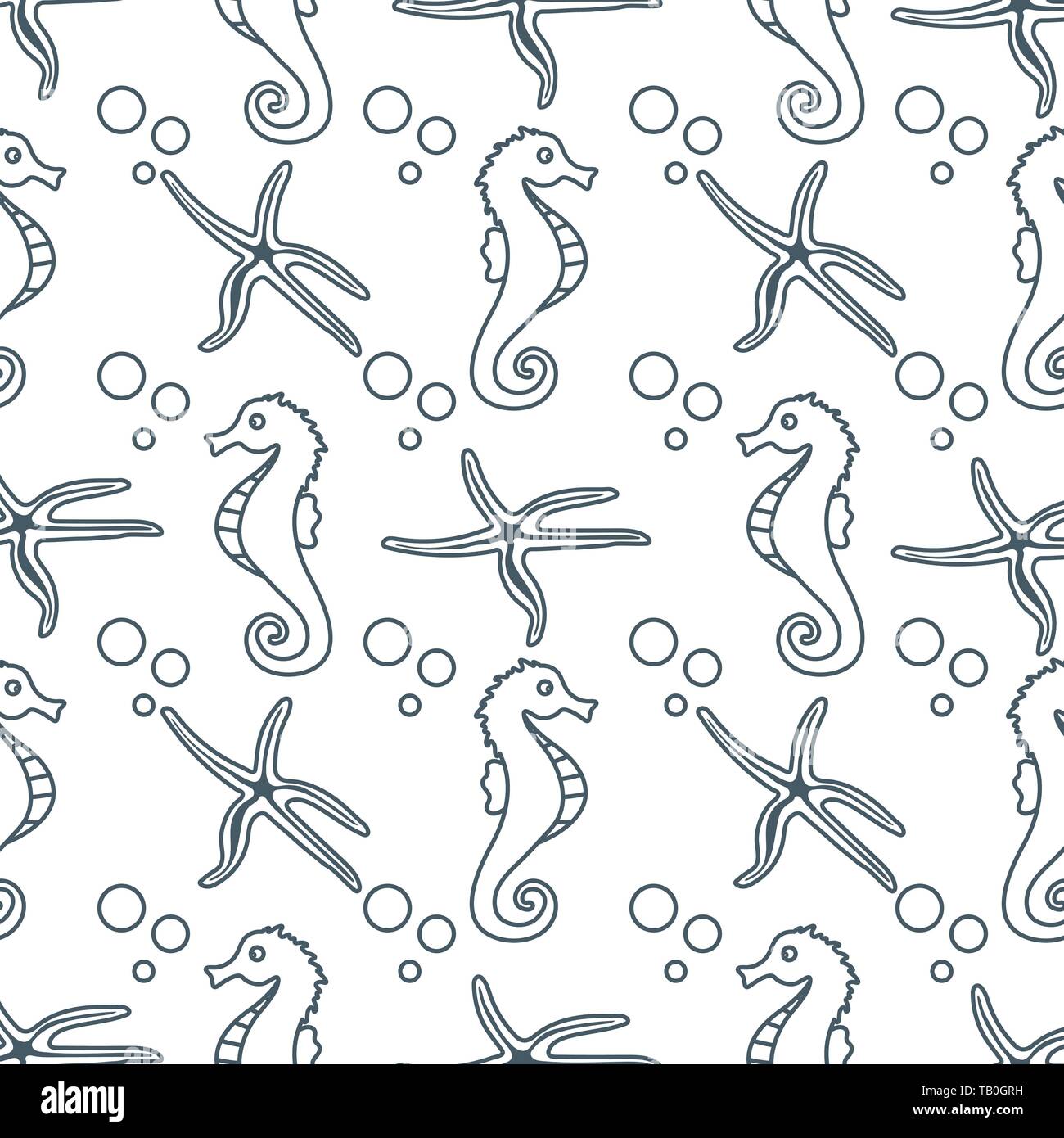 Vector seamless pattern with sea horses, starfish and bubbles. Marine ...