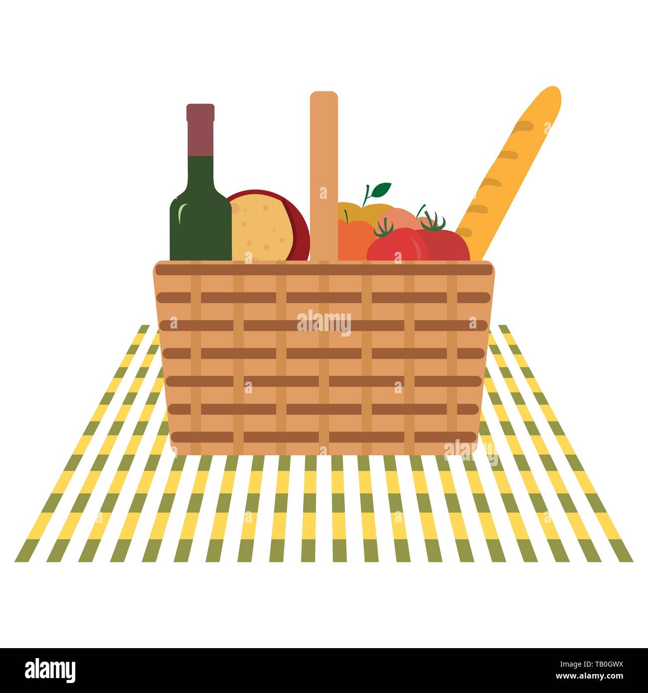 Vector illustration with wicker picnic basket with food and drink ...