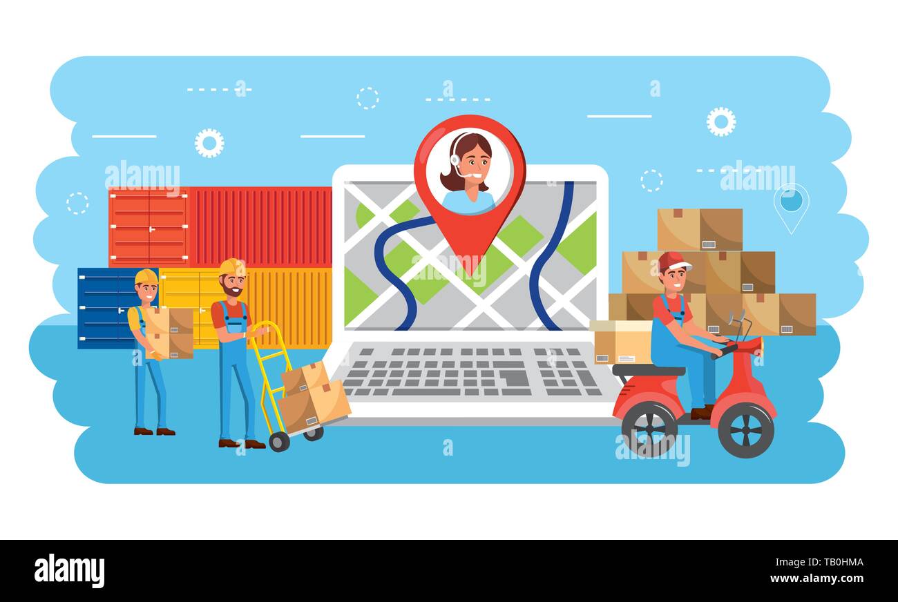 delivery men with distribution boxes service and containers with laptop