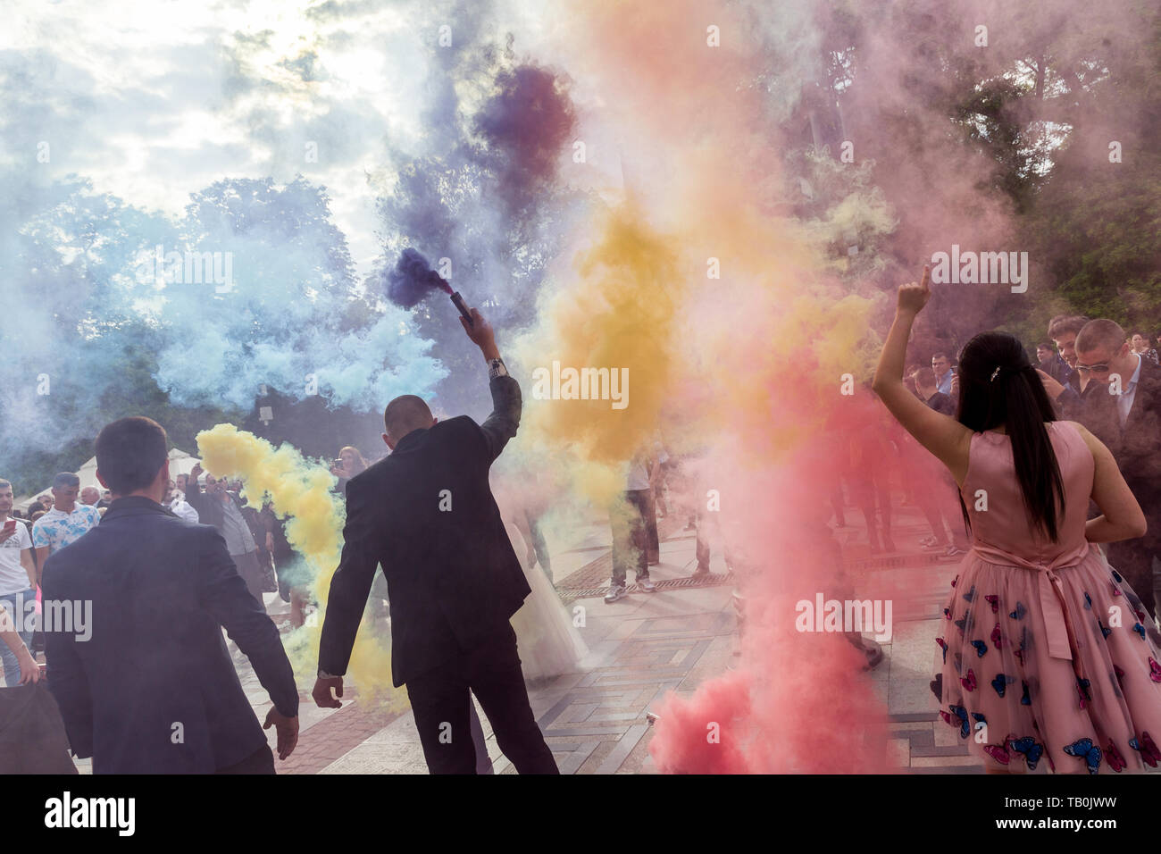 SOFIA, BULGARIA - MAY 25: Graduates celebrate their graduation in Sofia downtown, May 25, 2019. Stock Photo