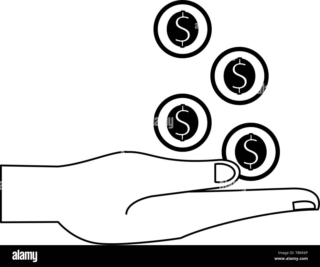 Hand with coins cartoon isolated symbol in black and white Stock Vector ...