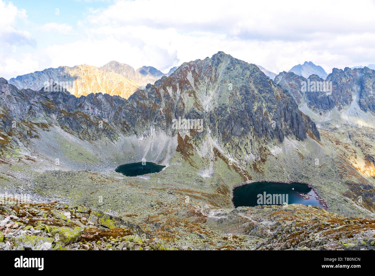 Hiking in High Tatras Mountains (Vysoke Tatry), Slovakia. Okruhle pleso  lake (2105m) and Capie Pleso lake (2075m). Mount Strbsky Stit (2381m) on  backg Stock Photo - Alamy