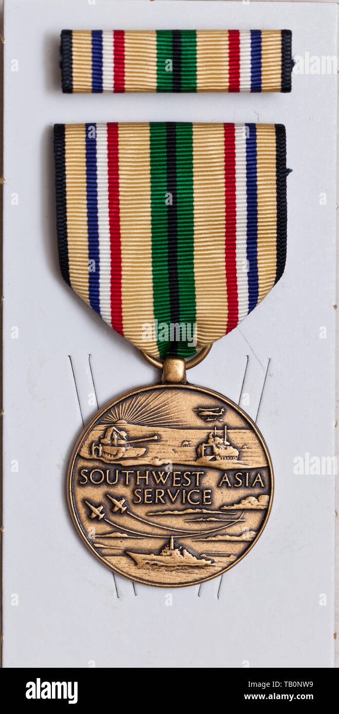 Southwest Asia Service medal and ribbon on original packaging Stock Photo