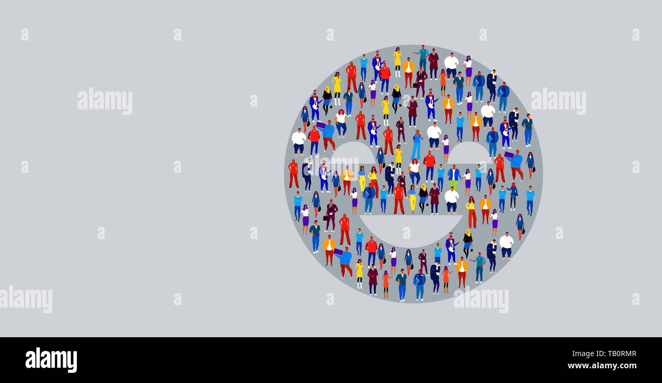 big crowd of businesspeople in smile face shape business people standing together feedback social media community concept horizontal Stock Vector