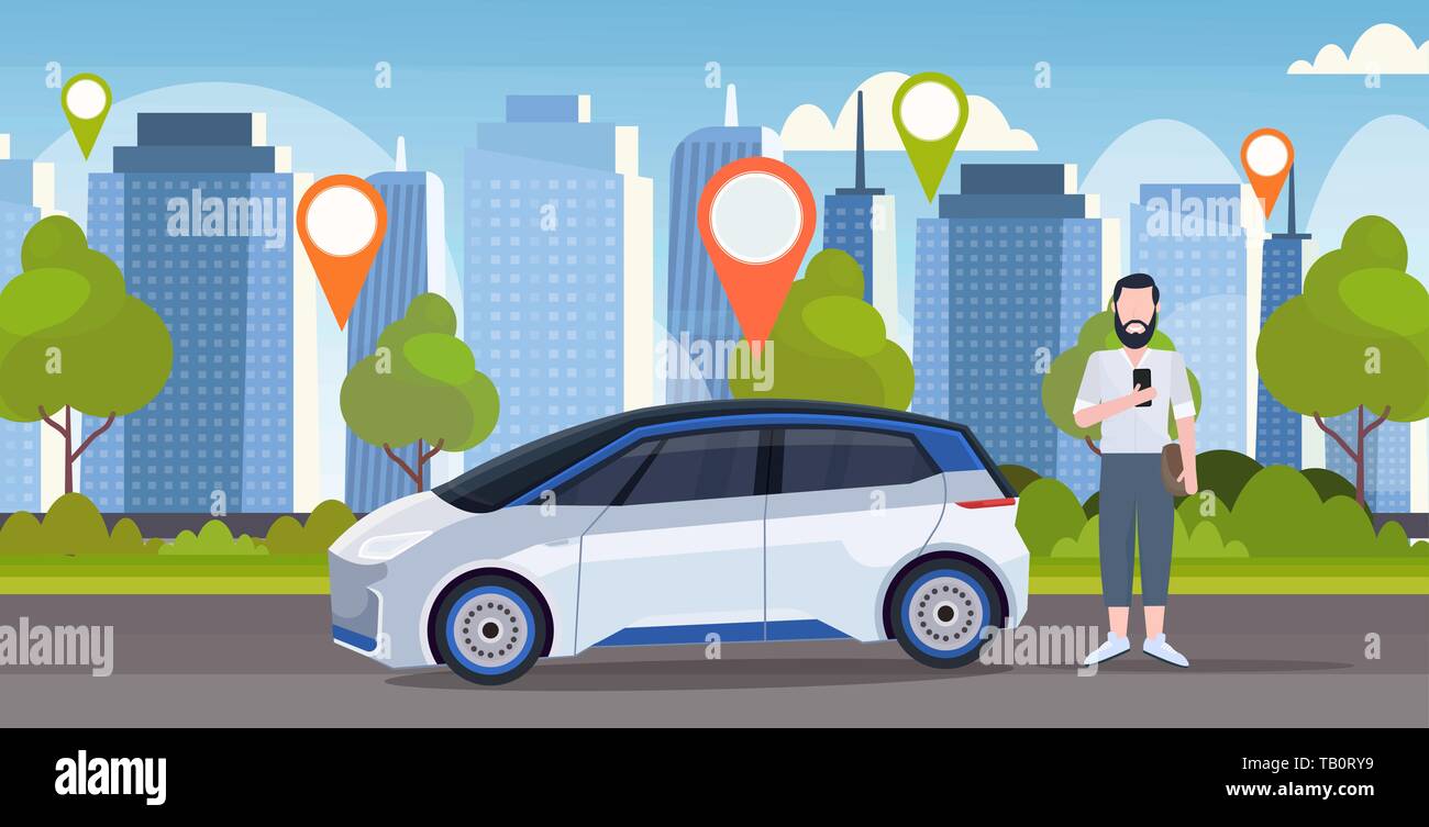 man using online ordering taxi car sharing concept mobile transportation carsharing service location geo tag modern city street cityscape background Stock Vector