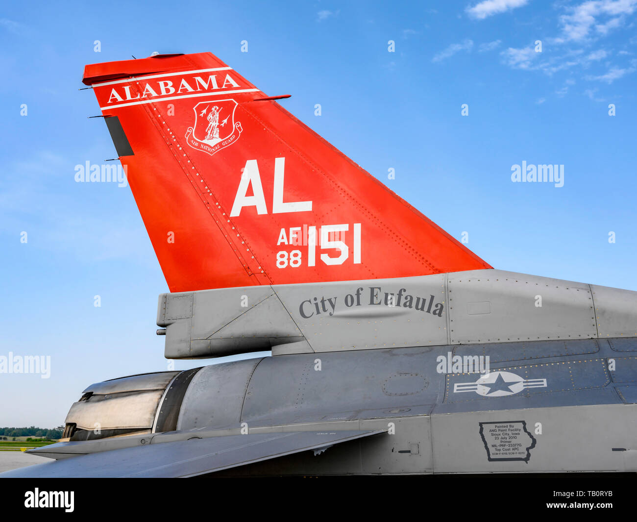 187th Fighter Wing of the Alabama Air National Guard, Tuskegee Airmen, red tail squadron and their McDonald Douglas F-16 Fighting Falcon fighter jet. Stock Photo