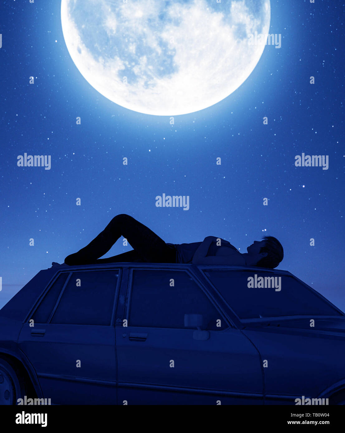 Man lying down on the car roof and looking to the moon,3d rendering Stock Photo