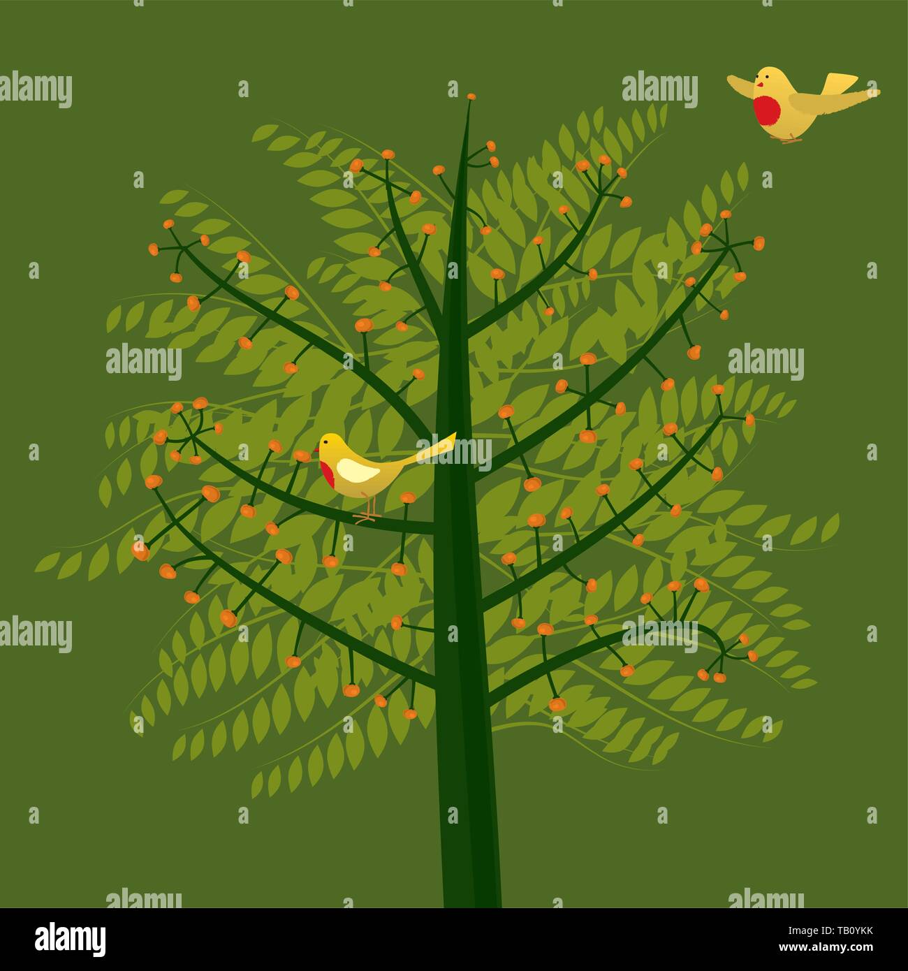 Vector illustration. Two birds on a summer tree. Green background. Stock Vector