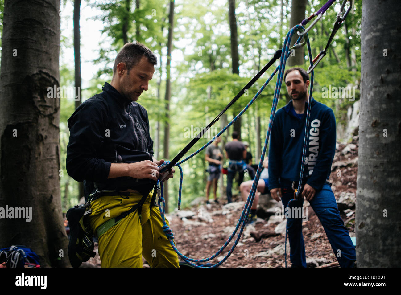 Two climbers practicing climbing techniques Stock Photo Alamy
