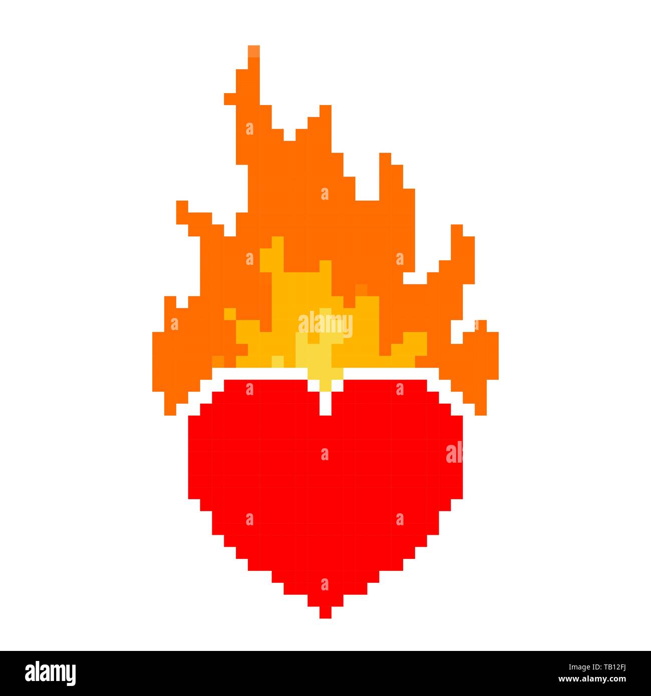 Pixel art design of the Heart with flame. Vector illustration. Red Heart with flame in flat style isolated Stock Vector