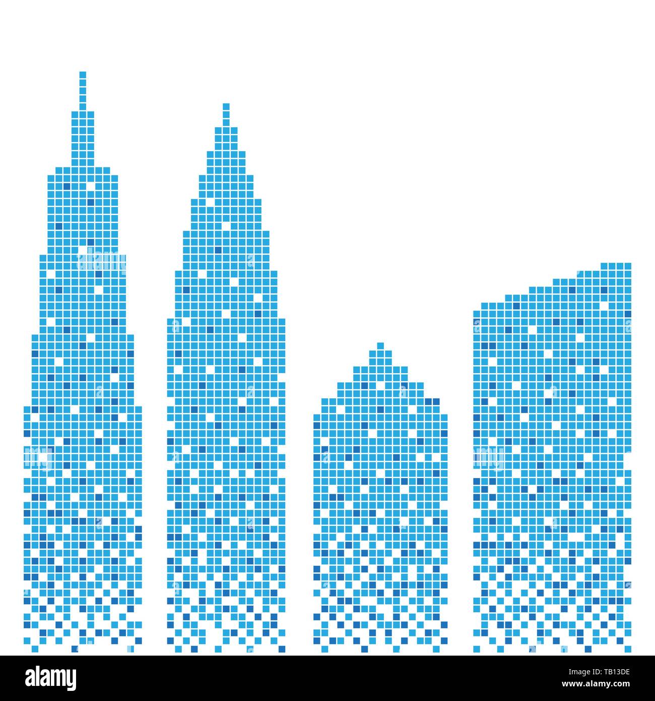 Pixel art design of building. Vector illustration. Abstract blue buildings in pixel style Stock Vector